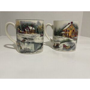 2 The Cellar Tannenbaum Set‎ Of Two Coffee Mugs Skating And Sledding 1992 Japan